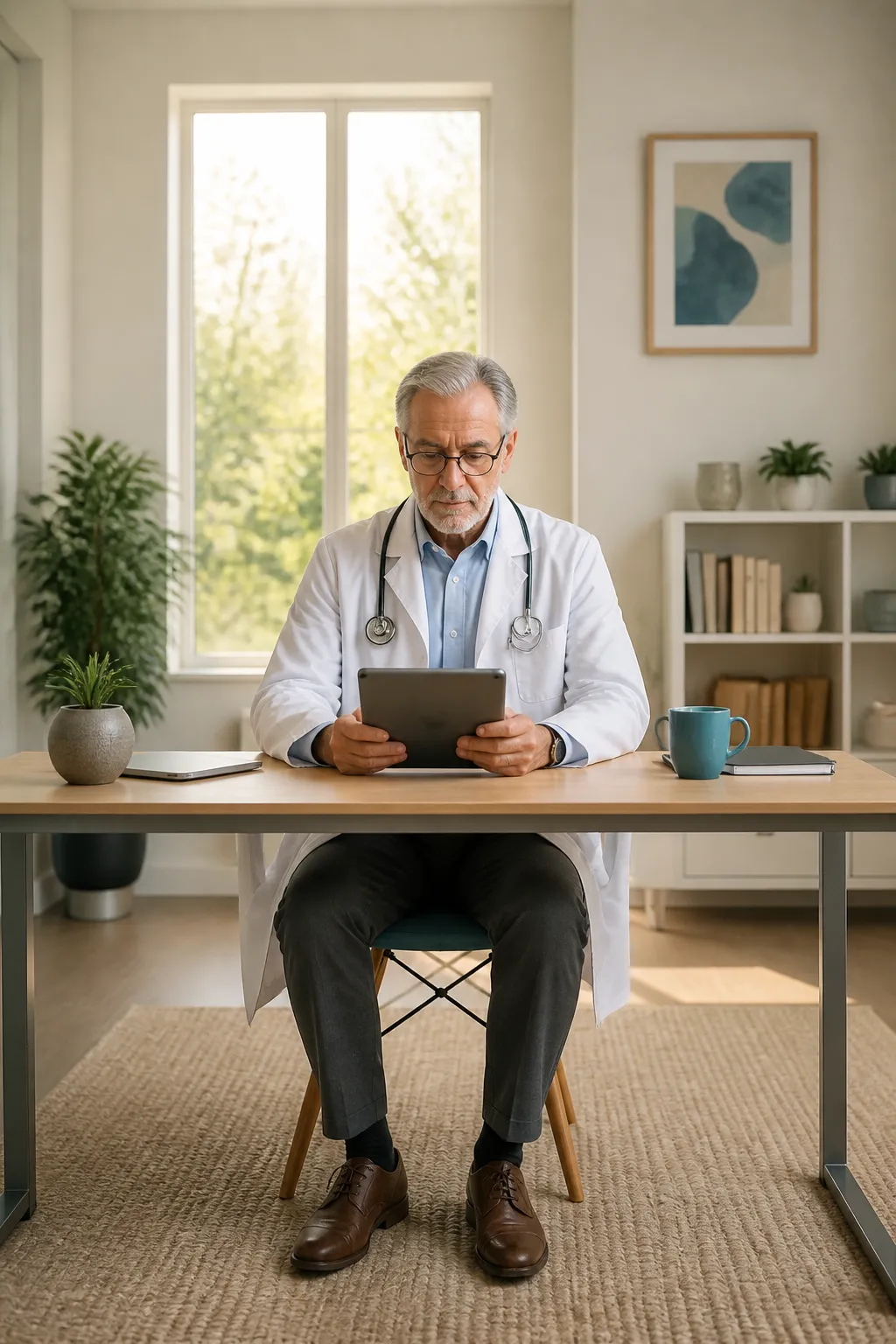 Specialist doctor reviewing website content on a tablet at their desk